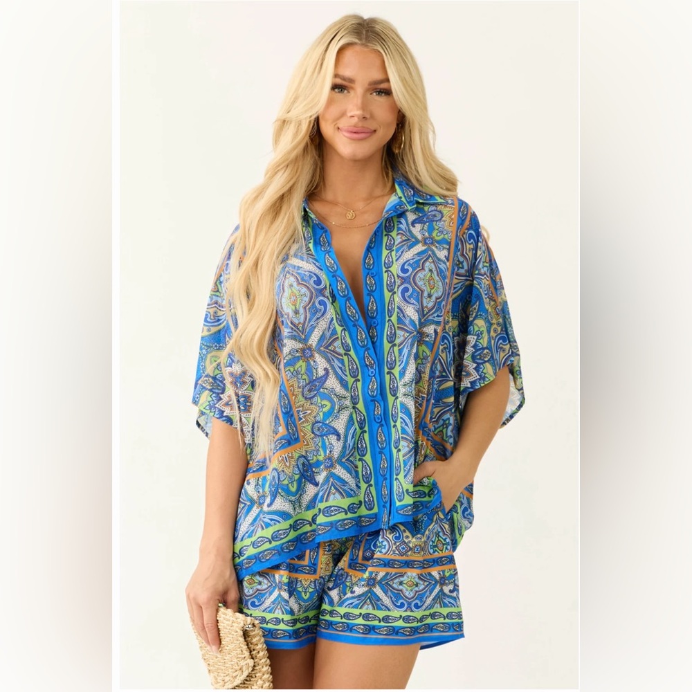Blue and Green Patterned Shirt and Shorts Set